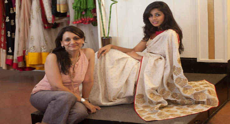 designer-anjali-sharma-with-her-model-who-is-wearing-an-anjalisharma-assam-mugar-silk-with-ornate-golden-hand-emboroidery-with-zari-work-price-on-request