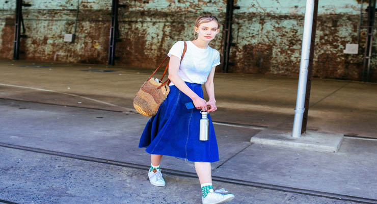 Plain white t shirt with denim skirt